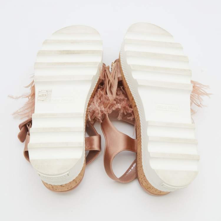 Pre Owned Miu Miu Pink Satin And Feather Crystal Embellished Platform Sandals Size 38.5