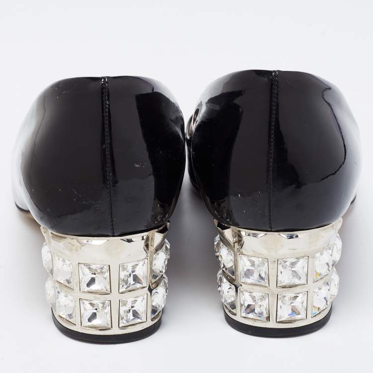 Pre Owned Miu Miu Black Patent Leather Crystal Embellished Block Heel Pumps Size 38.5