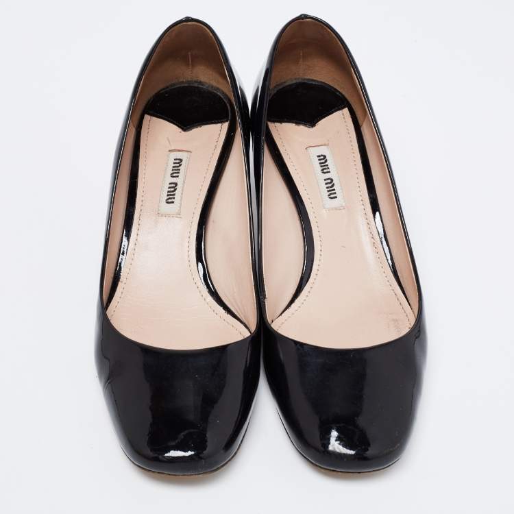 Pre Owned Miu Miu Black Patent Leather Crystal Embellished Block Heel Pumps Size 38.5