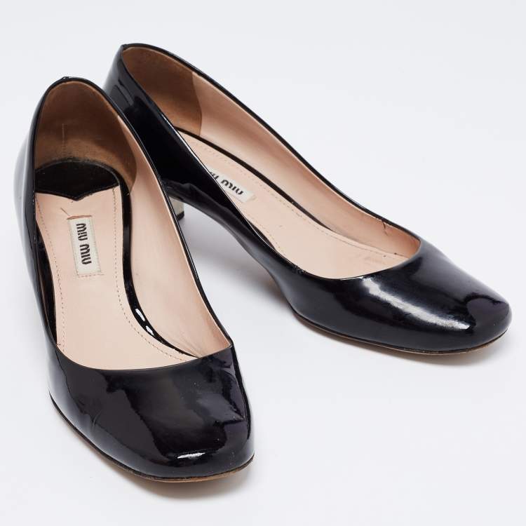 Pre Owned Miu Miu Black Patent Leather Crystal Embellished Block Heel Pumps Size 38.5