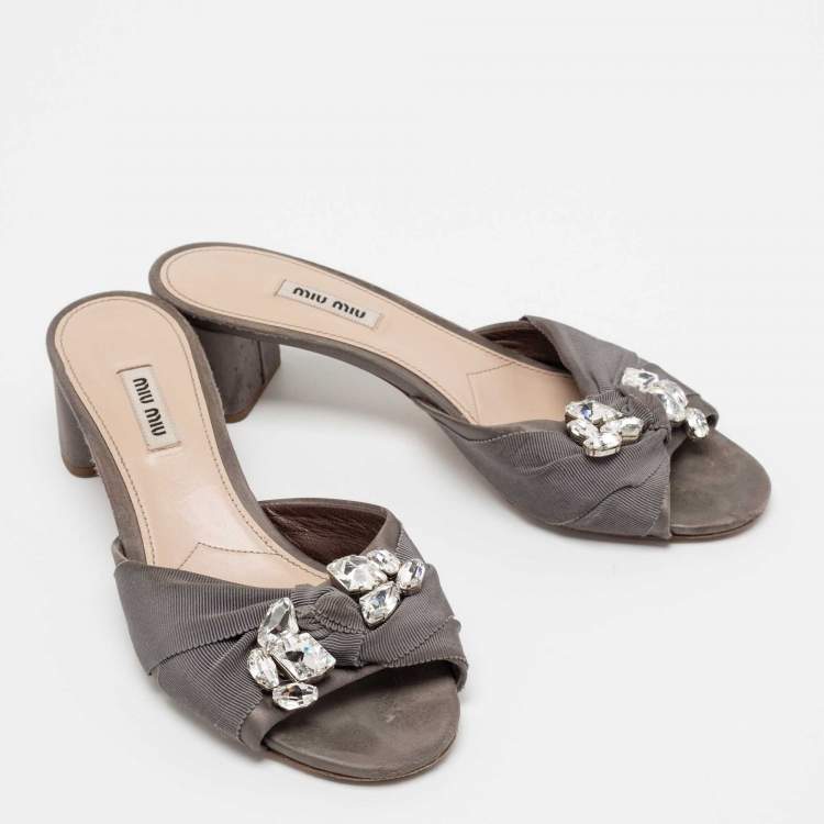 Pre Owned Miu Miu Grey Satin and Canvas Knot Crystal Embellished Slide Sandals Size 39.5