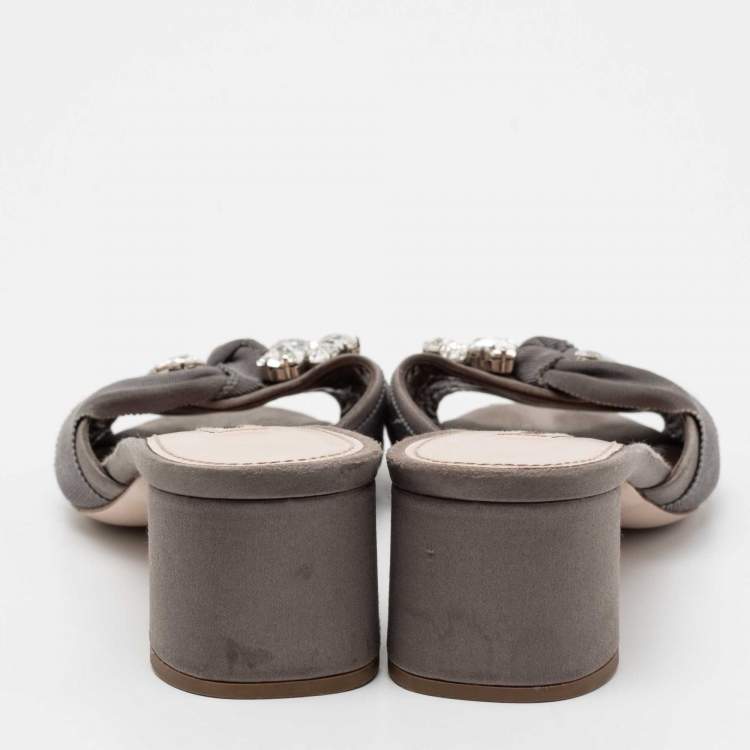 Pre Owned Miu Miu Grey Satin and Canvas Knot Crystal Embellished Slide Sandals Size 39.5