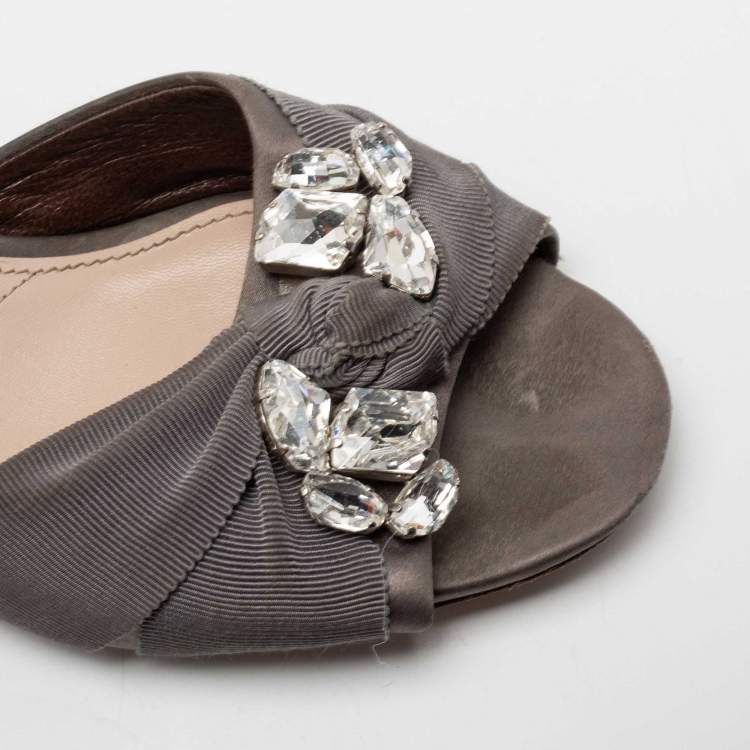 Pre Owned Miu Miu Grey Satin and Canvas Knot Crystal Embellished Slide Sandals Size 39.5