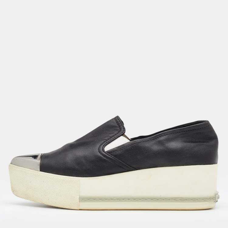 Pre Owned Miu Miu Black Leather Metal Cap Toe Platform Slip On Sneakers Size 35.5