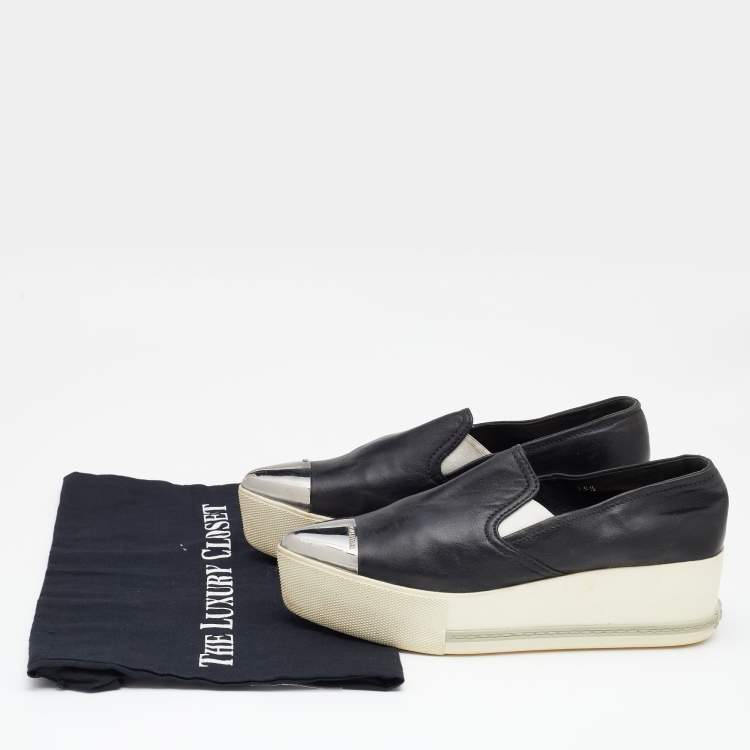 Pre Owned Miu Miu Black Leather Metal Cap Toe Platform Slip On Sneakers Size 35.5