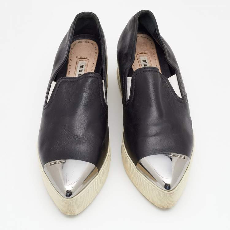 Pre Owned Miu Miu Black Leather Metal Cap Toe Platform Slip On Sneakers Size 35.5