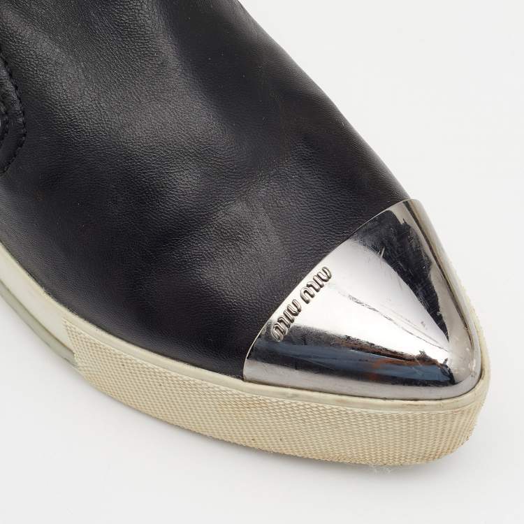 Pre Owned Miu Miu Black Leather Metal Cap Toe Platform Slip On Sneakers Size 35.5