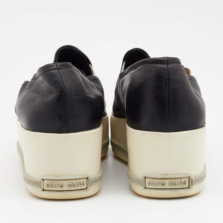Pre Owned Miu Miu Black Leather Metal Cap Toe Platform Slip On Sneakers Size 35.5