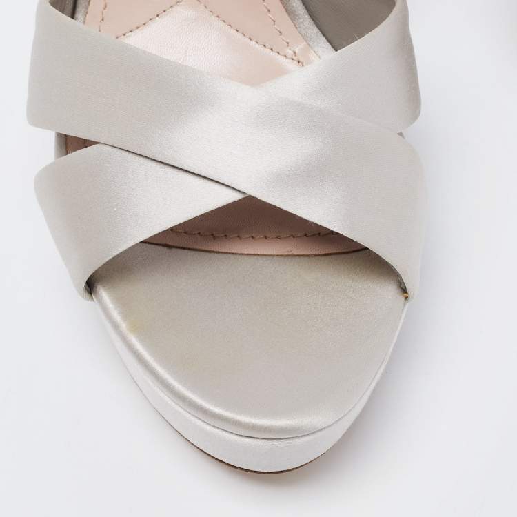 Pre Owned Miu Miu Grey Satin Crystal Embellished Block Heel Ankle Strap Platform Sandals Size 39