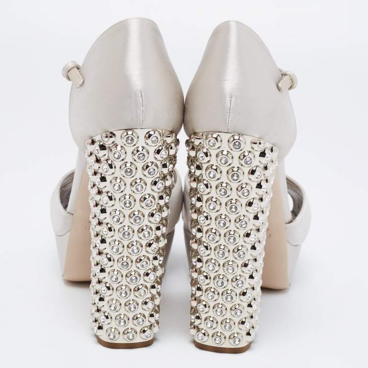 Pre Owned Miu Miu Grey Satin Crystal Embellished Block Heel Ankle Strap Platform Sandals Size 39