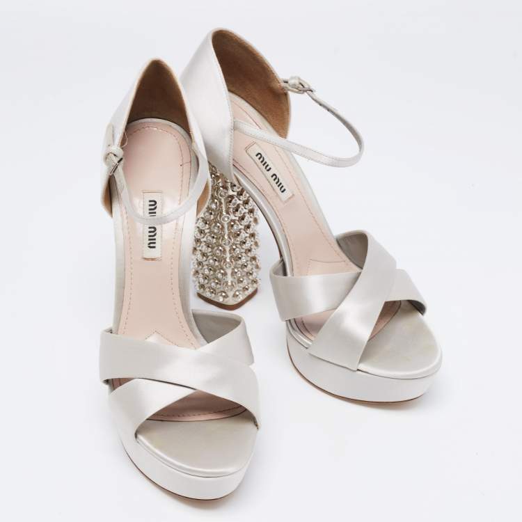 Pre Owned Miu Miu Grey Satin Crystal Embellished Block Heel Ankle Strap Platform Sandals Size 39