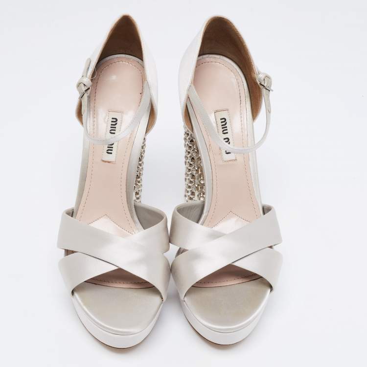 Pre Owned Miu Miu Grey Satin Crystal Embellished Block Heel Ankle Strap Platform Sandals Size 39