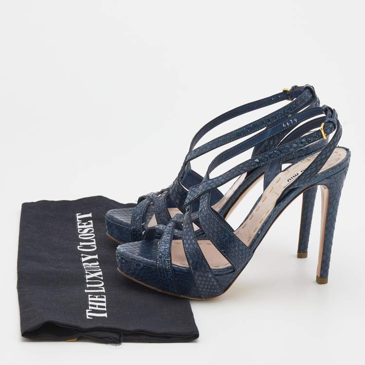 Pre Owned Miu Miu Navy Blue Python Embossed Leather Strappy Platform Sandals Size 38.5