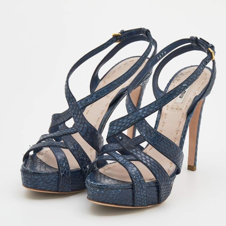 Pre Owned Miu Miu Navy Blue Python Embossed Leather Strappy Platform Sandals Size 38.5