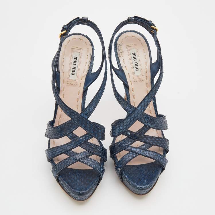 Pre Owned Miu Miu Navy Blue Python Embossed Leather Strappy Platform Sandals Size 38.5