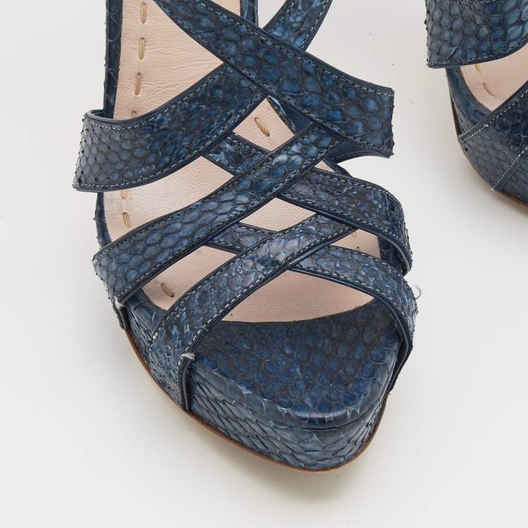 Pre Owned Miu Miu Navy Blue Python Embossed Leather Strappy Platform Sandals Size 38.5