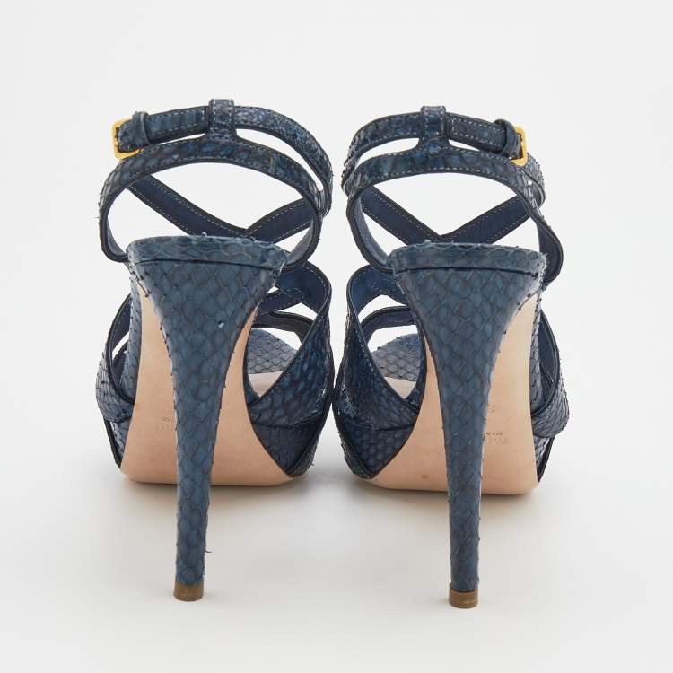 Pre Owned Miu Miu Navy Blue Python Embossed Leather Strappy Platform Sandals Size 38.5