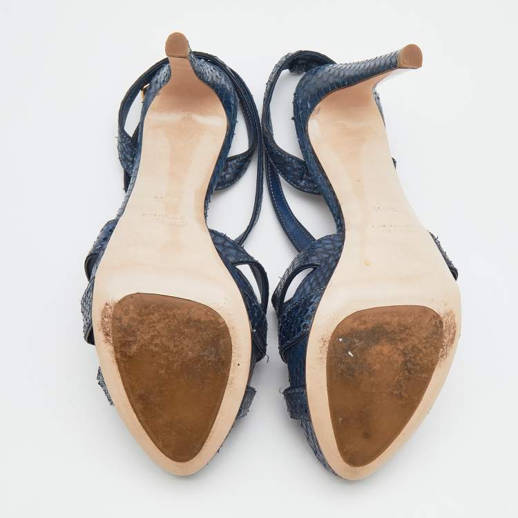 Pre Owned Miu Miu Navy Blue Python Embossed Leather Strappy Platform Sandals Size 38.5