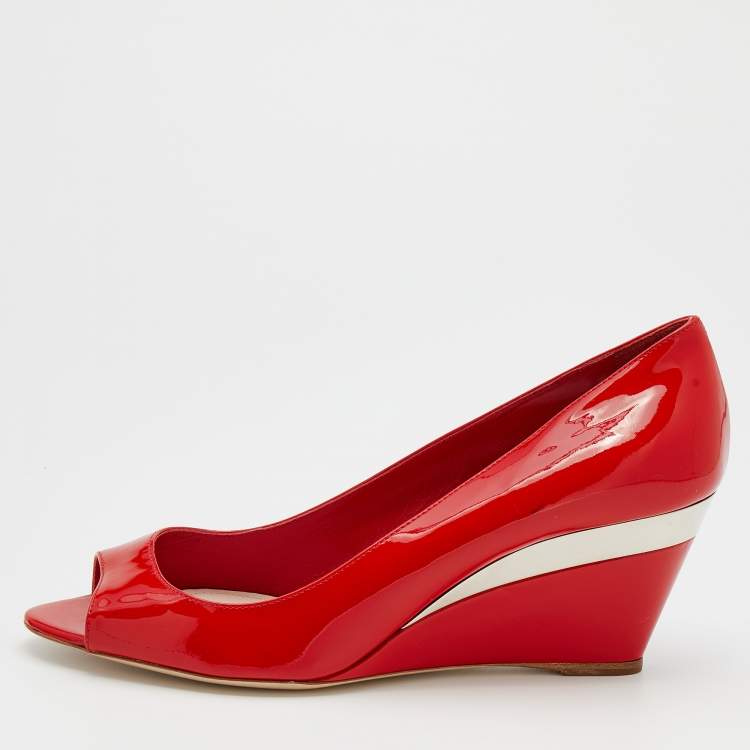 Via Uno Black Patent Peep Toe Wedge Shoe