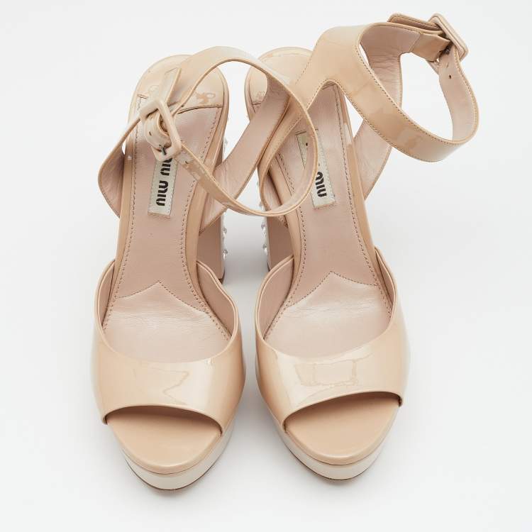 Pre Owned Miu Miu Beige Patent Leather Crystal Embellished Heel Platform Ankle Strap Sandals Size 38