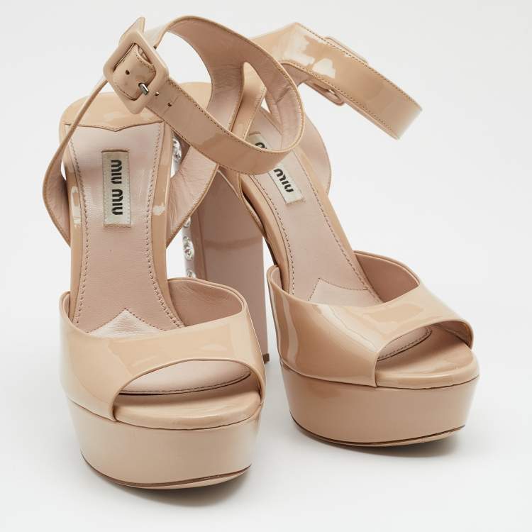 Pre Owned Miu Miu Beige Patent Leather Crystal Embellished Heel Platform Ankle Strap Sandals Size 38