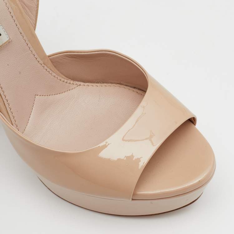 Pre Owned Miu Miu Beige Patent Leather Crystal Embellished Heel Platform Ankle Strap Sandals Size 38