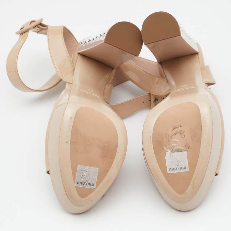 Pre Owned Miu Miu Beige Patent Leather Crystal Embellished Heel Platform Ankle Strap Sandals Size 38