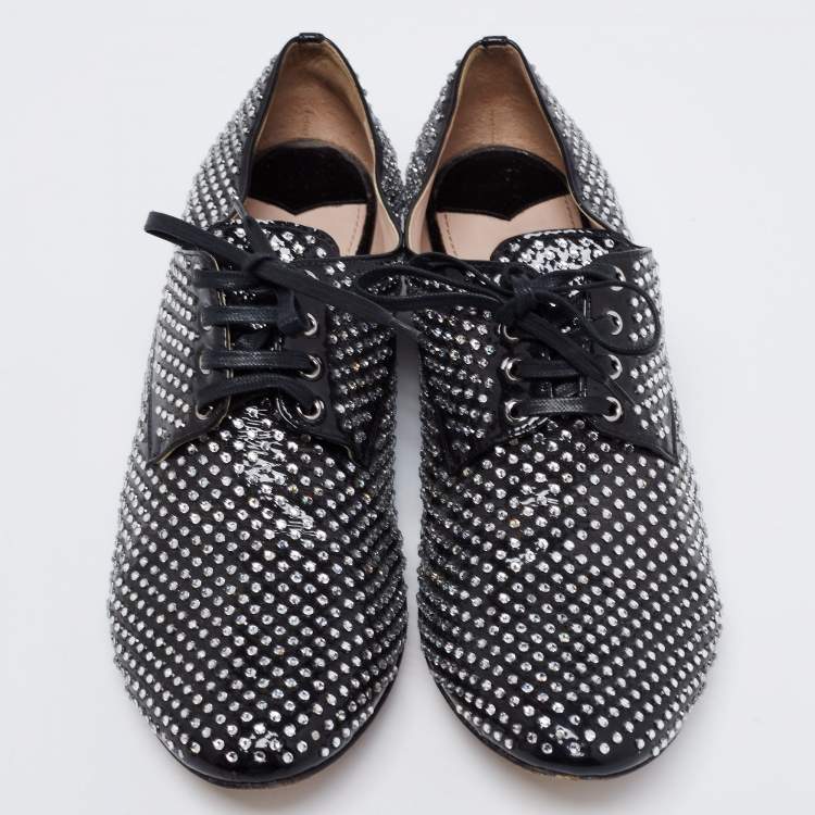 Pre Owned Miu Miu Black Patent Leather Crystal Embellished Lace Up Derby Size 41