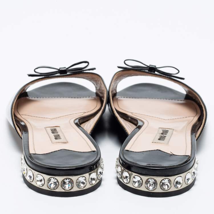 Pre Owned Miu Miu Black Patent Leather Bow Embellished Slides Size 37