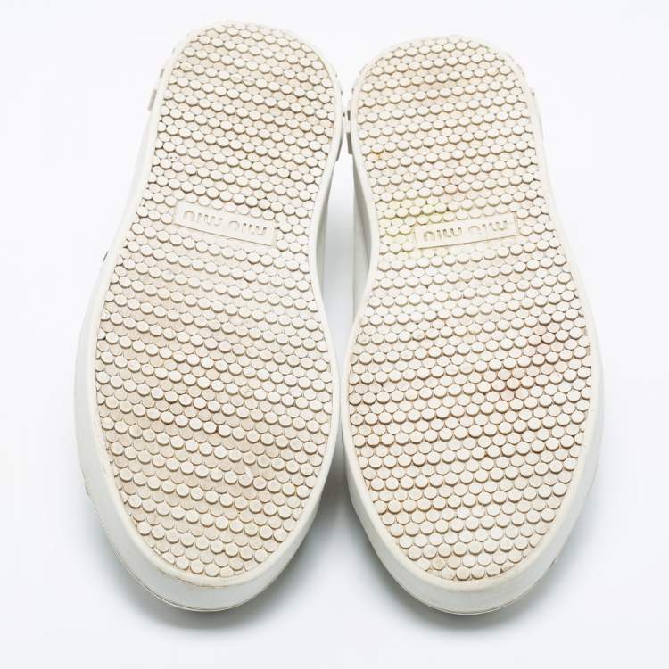 Pre Owned Miu Miu White Leather Vichy Gingham Ribbon Lace-Up Sneakers Size 36.5
