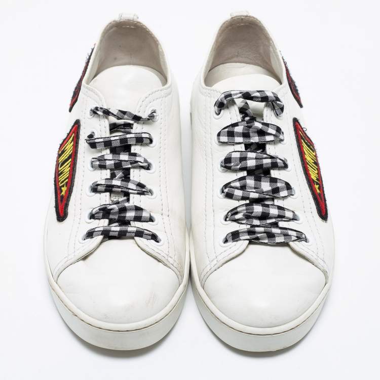 Pre Owned Miu Miu White Leather Vichy Gingham Ribbon Lace-Up Sneakers Size 36.5