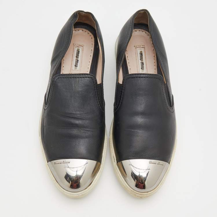 Pre Owned Miu Miu Black Leather Metal Cap Toe Slip On Sneakers Size 38