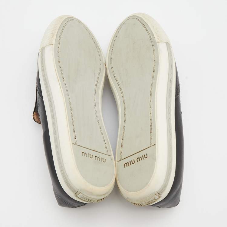 Pre Owned Miu Miu Black Leather Metal Cap Toe Slip On Sneakers Size 38