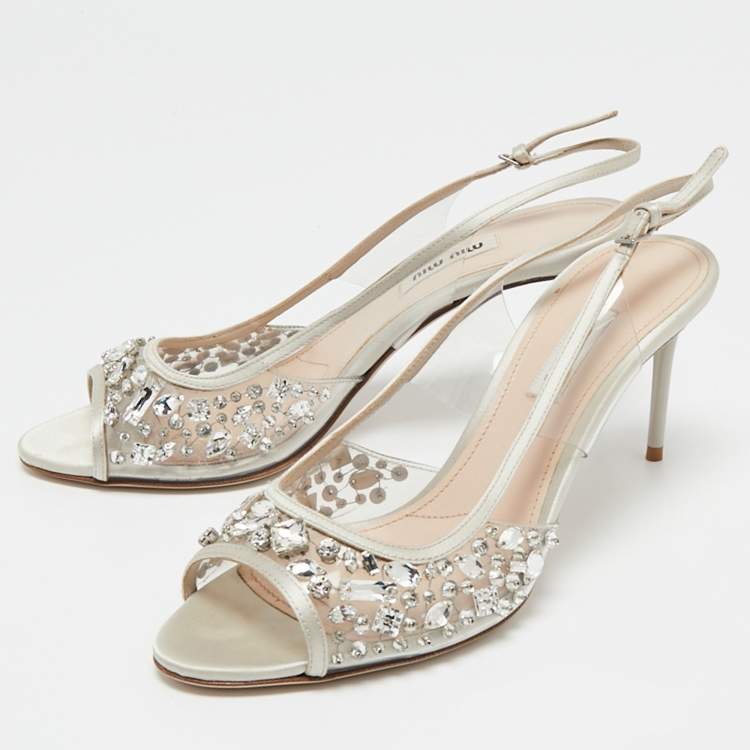 Pre Owned Miu Miu Grey PVC And Satin Crystal Embellished Slingback Sandals Size 38.5
