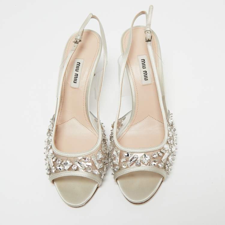 Pre Owned Miu Miu Grey PVC And Satin Crystal Embellished Slingback Sandals Size 38.5