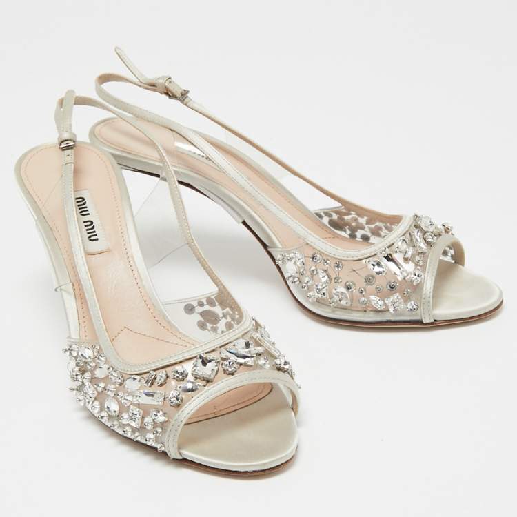 Pre Owned Miu Miu Grey PVC And Satin Crystal Embellished Slingback Sandals Size 38.5