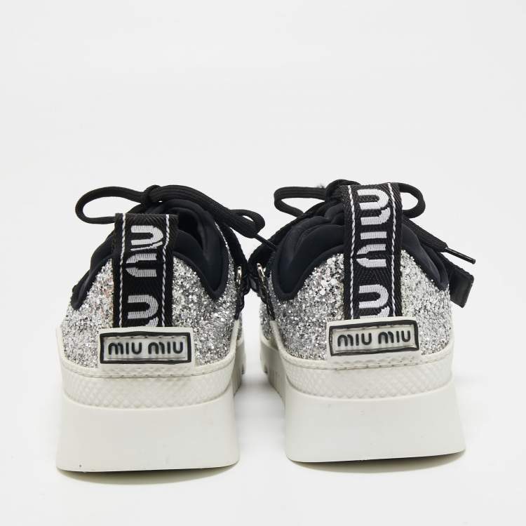 Pre Owned Miu Miu Silver/Black Glitter  Lace Up Sneakers Size 39.5