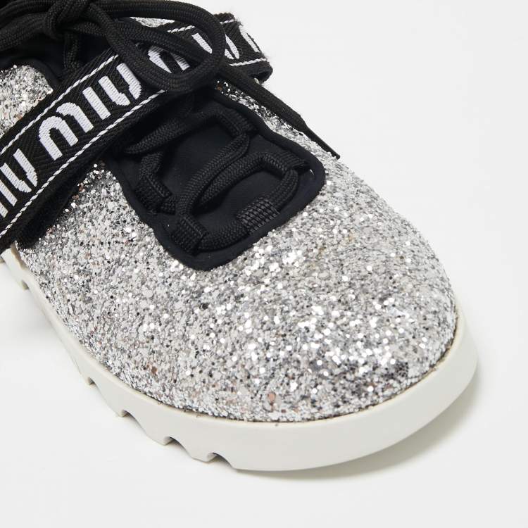 Pre Owned Miu Miu Silver/Black Glitter  Lace Up Sneakers Size 39.5