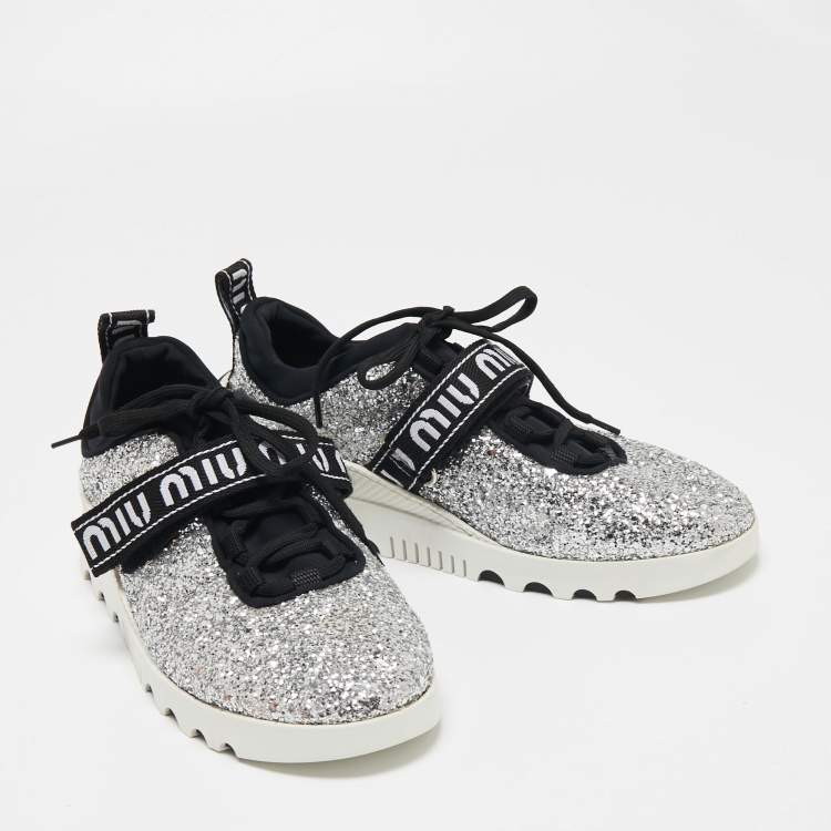 Pre Owned Miu Miu Silver/Black Glitter  Lace Up Sneakers Size 39.5