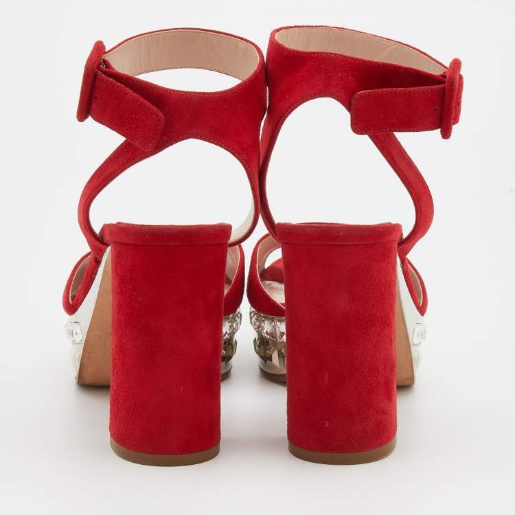 Pre Owned Miu Miu Red Suede Crystal Embellished Platform Ankle-Strap Sandals Size 38.5
