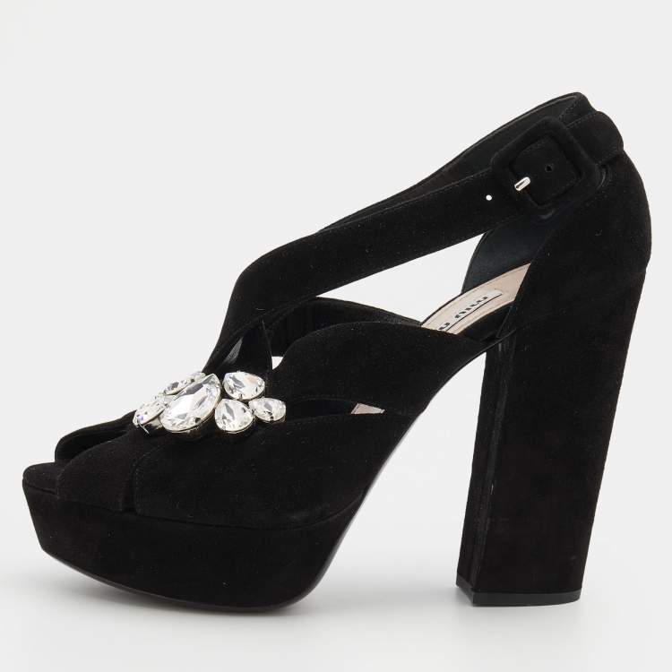 Pre Owned Miu Miu Black Suede Crystal Embellished Platform Sandals Size 38.5