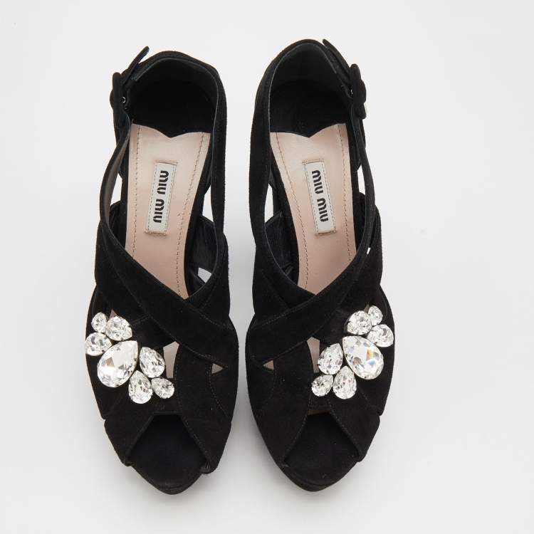Pre Owned Miu Miu Black Suede Crystal Embellished Platform Sandals Size 38.5