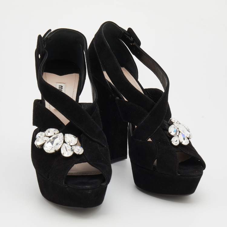Pre Owned Miu Miu Black Suede Crystal Embellished Platform Sandals Size 38.5