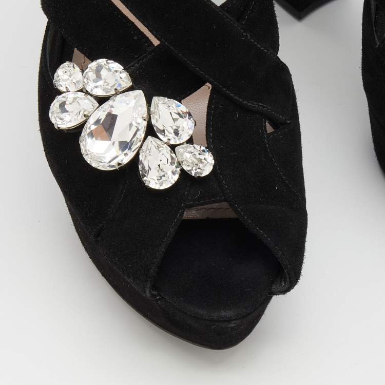 Pre Owned Miu Miu Black Suede Crystal Embellished Platform Sandals Size 38.5