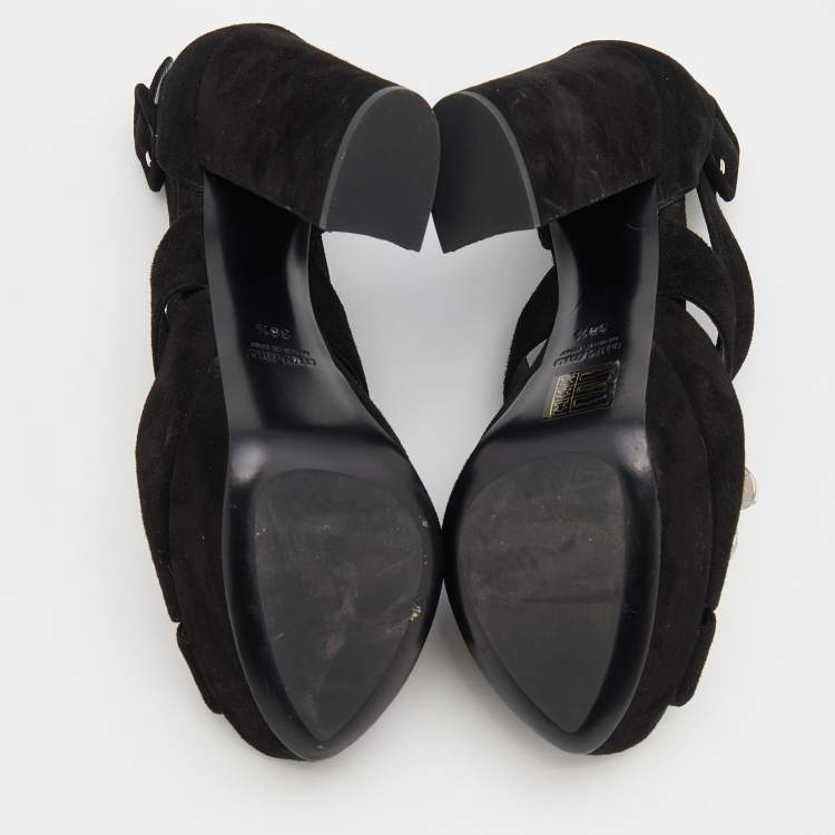 Pre Owned Miu Miu Black Suede Crystal Embellished Platform Sandals Size 38.5