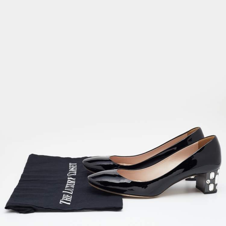 Pre Owned Miu Miu Black Patent Leather Crystal Embellished Block Heel Pumps Size 38