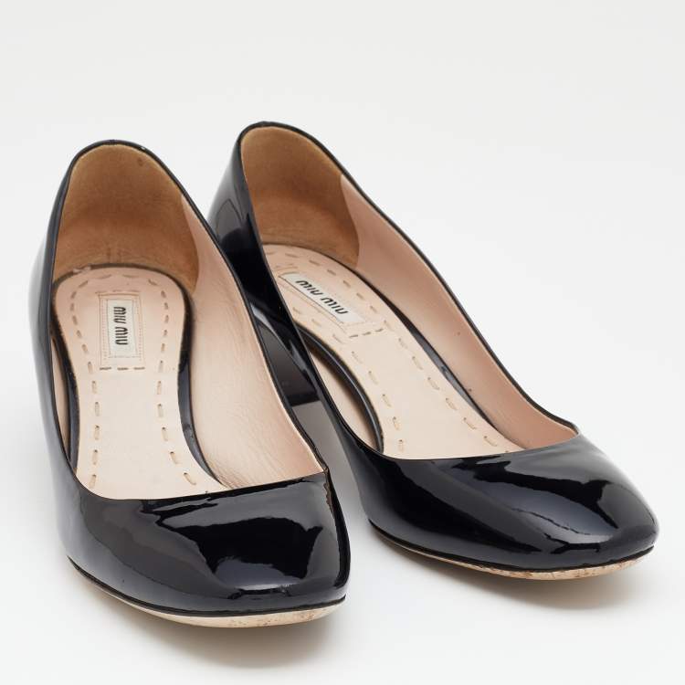 Pre Owned Miu Miu Black Patent Leather Crystal Embellished Block Heel Pumps Size 38