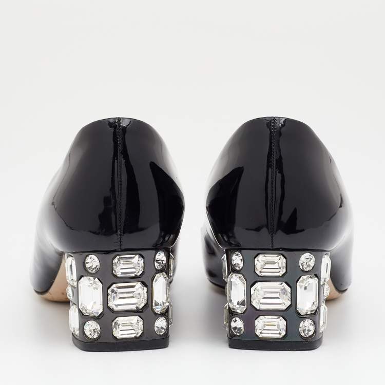 Pre Owned Miu Miu Black Patent Leather Crystal Embellished Block Heel Pumps Size 38