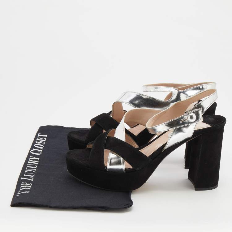 Pre Owned Miu Miu Black/Silver Suede And Leather Platform Ankle Strap Sandals Size 39