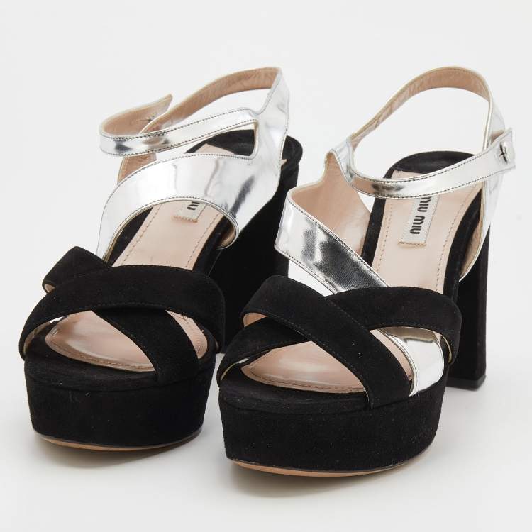 Pre Owned Miu Miu Black/Silver Suede And Leather Platform Ankle Strap Sandals Size 39